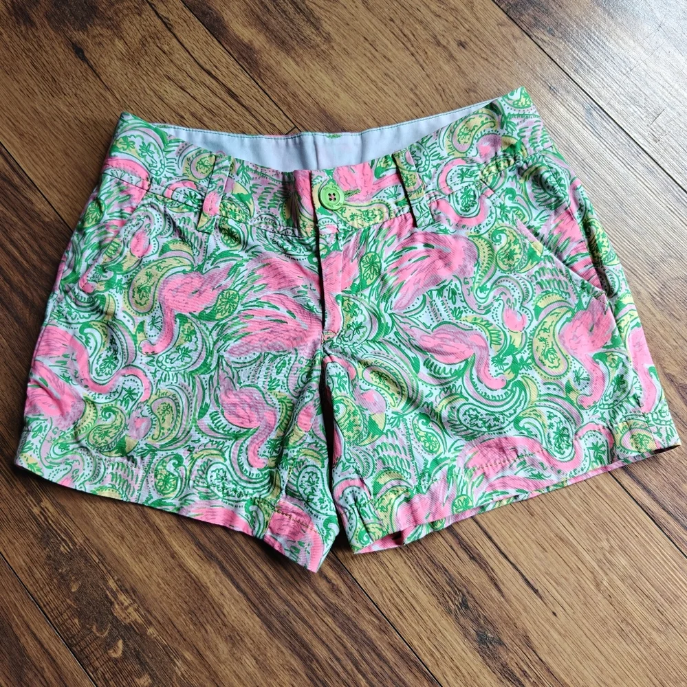 Lily Pulitzer Callahan Shorts Hot Wings Print Flamingo Paisley Womens 000 Cotton